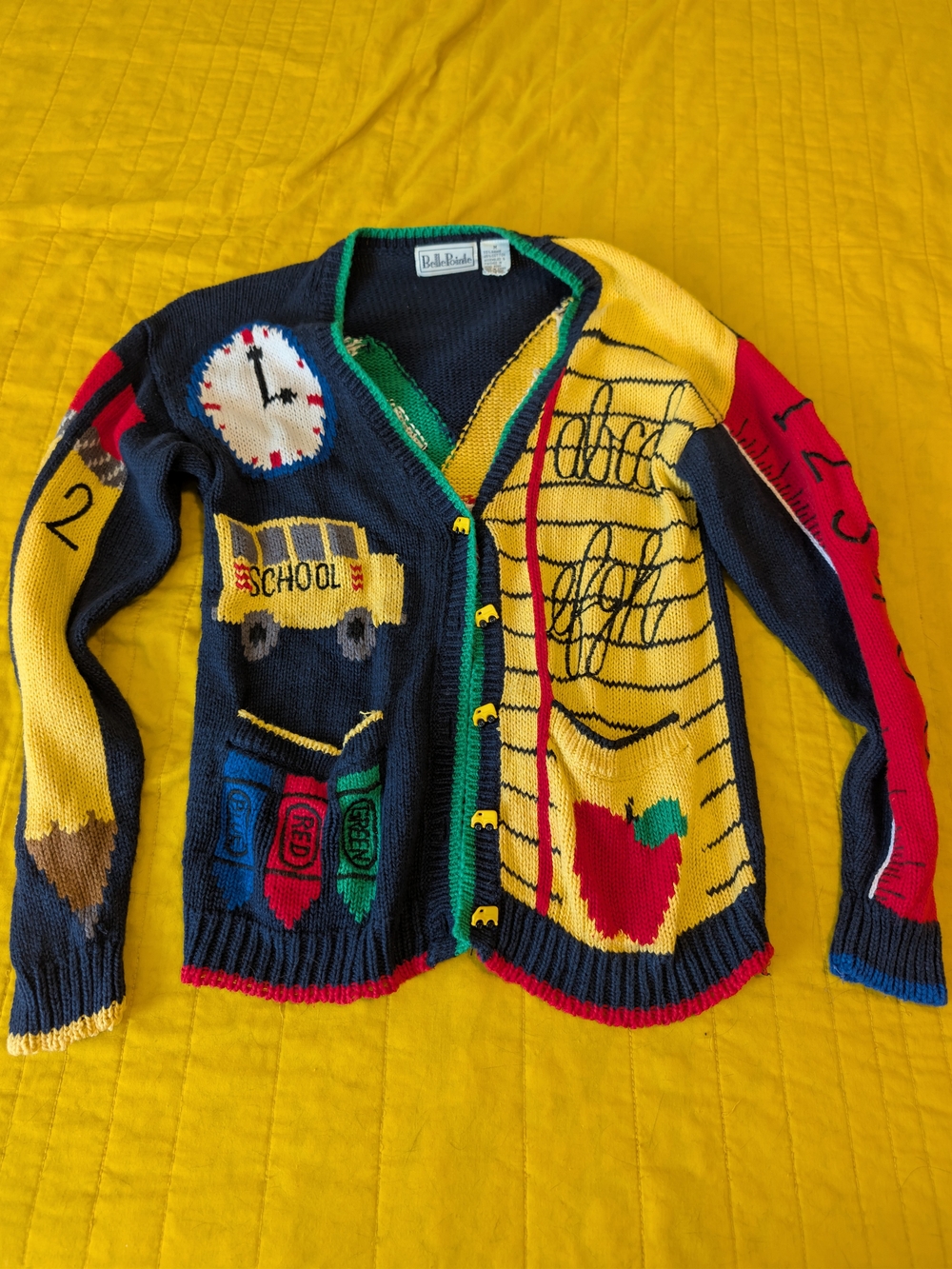 School-Themed Patchwork Cardigan Sweater in Navy, Yellow & Red